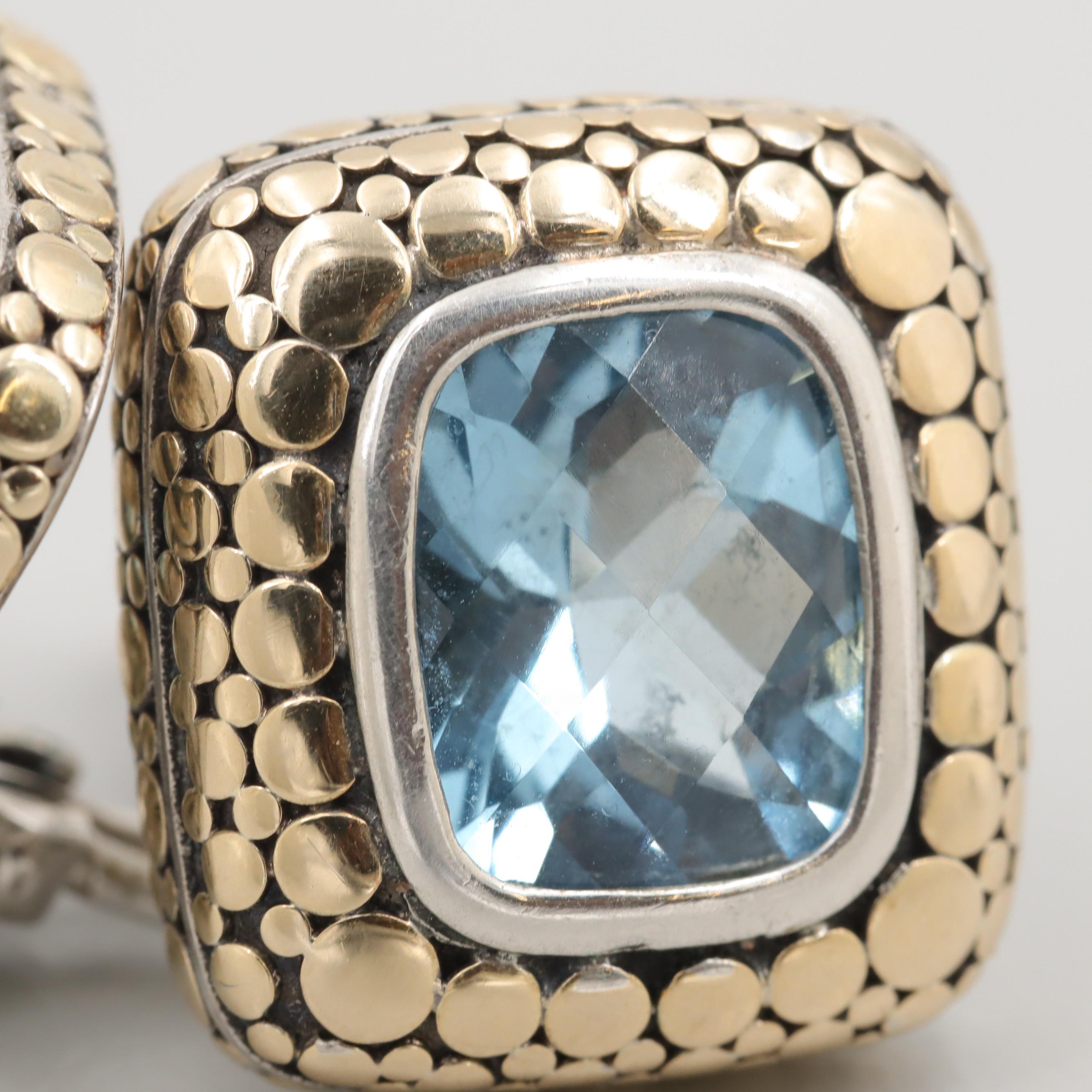 John Hardy "Dot" Sterling Silver and 18K Yellow Gold Blue Topaz Earrings