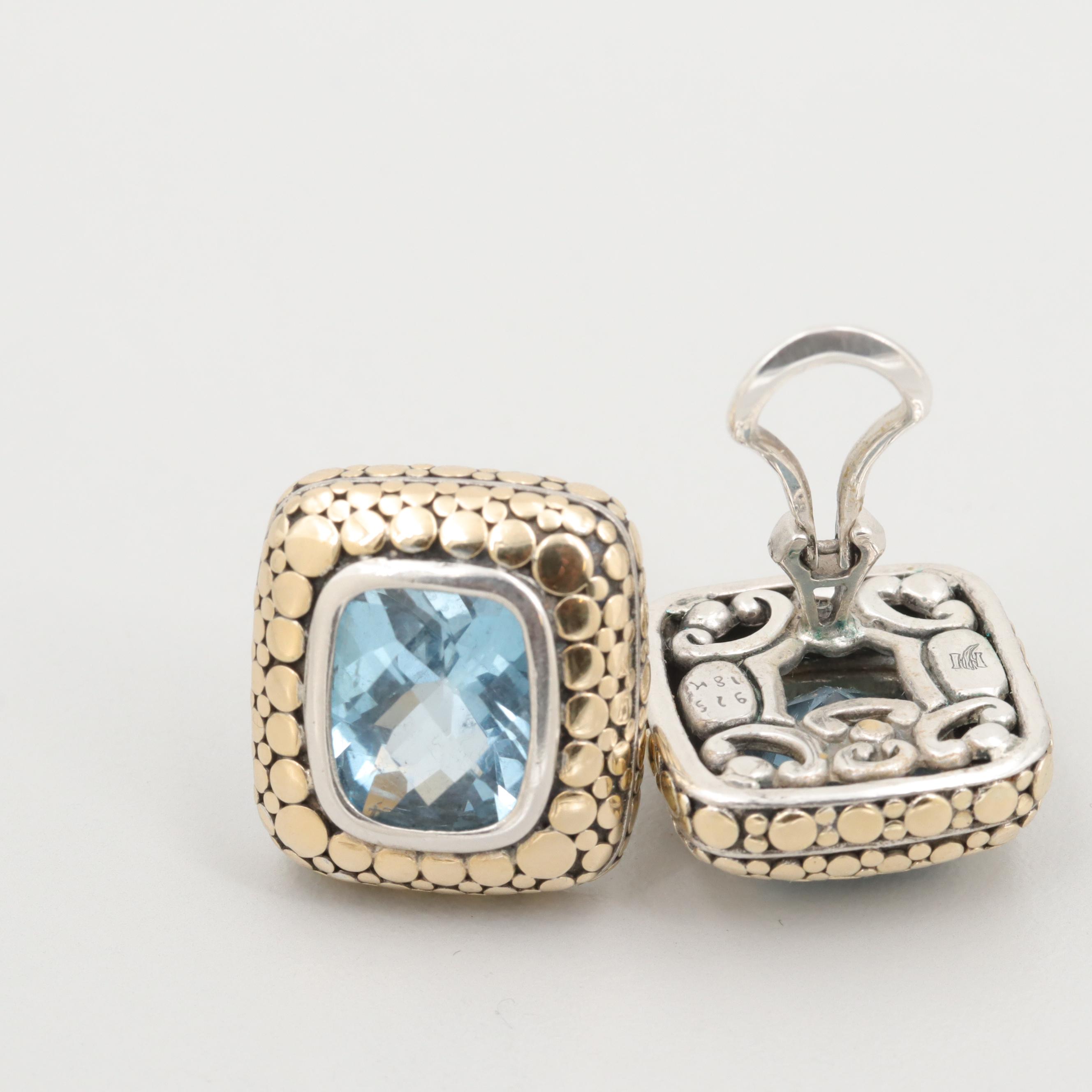 John Hardy "Dot" Sterling Silver and 18K Yellow Gold Blue Topaz Earrings