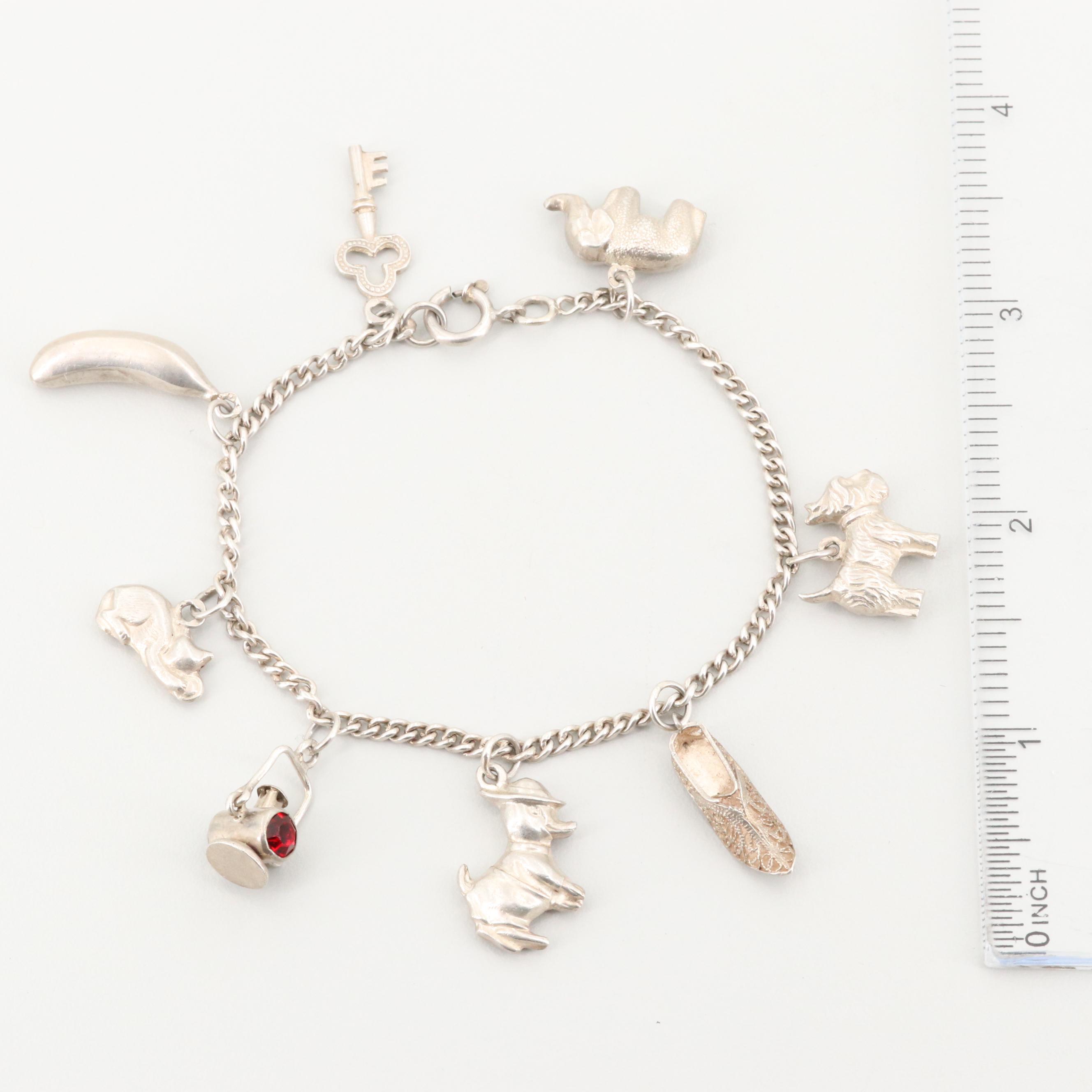 Vintage Sterling Silver Glass Charm Bracelet