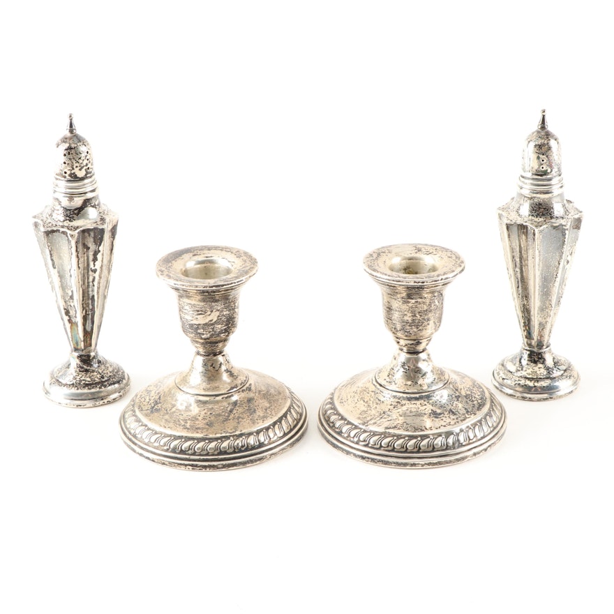 Weighted Sterling Silver Shakers and Candlesticks, Mid 20th Century