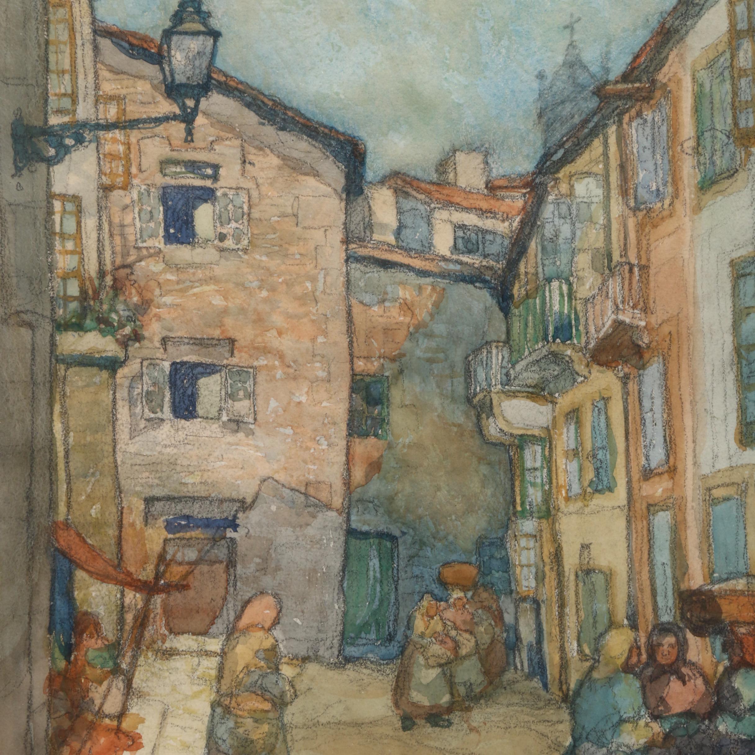 Sidney M. Wiggins Market Scene Watercolor Painting