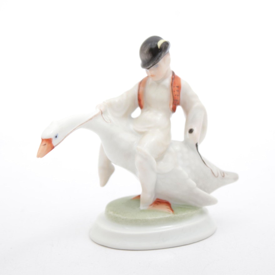 Herend Hand-Painted "Boy on Goose" Porcelain Figurine