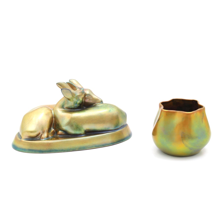 Zsolnay Eosin Green Gold Glaze Vase and Deer Figurine