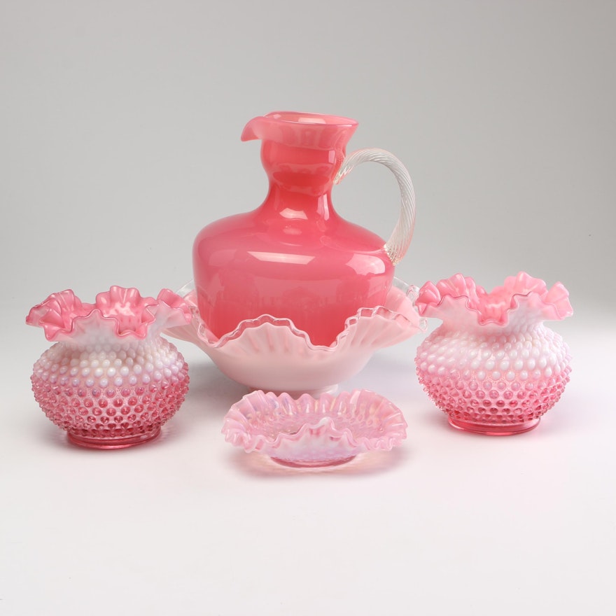 Pink Art Glass Vases and Compotes with Pitcher