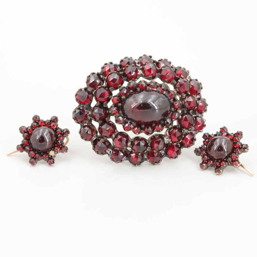 Victorian 10K White Gold and Gold Tone Garnet Brooch and Earrings