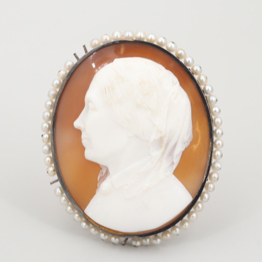 Signed Victorian 18K Gold Carved Shell and Seed Pearl Cameo Converter Brooch