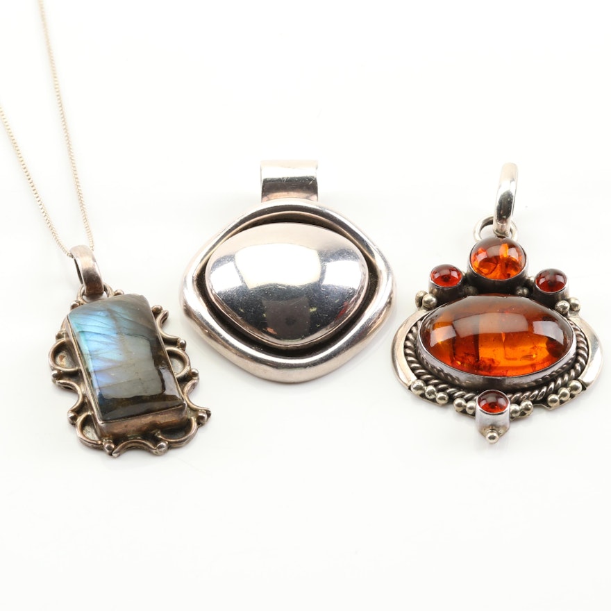 Sterling Silver Chain with Sterling Silver, Faux Amber and Labradorite Pendants