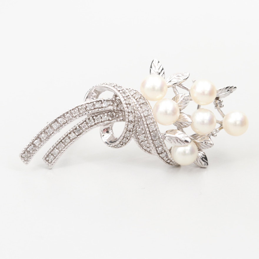 14K White Gold Cultured Pearl and Diamond Brooch