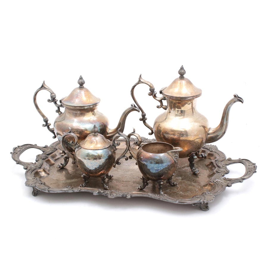 Birmingham Silver Co Silver Plate Coffee and Tea Service with Baroque Style Tray