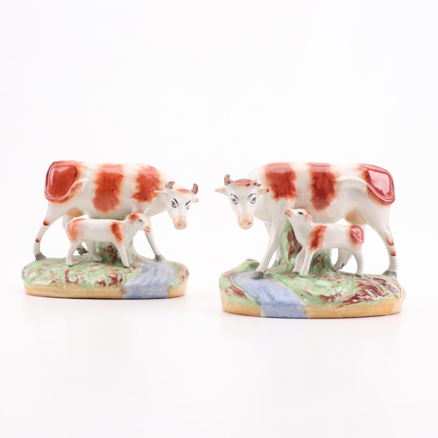 Old Staffordshire Ware England Porcelain Cow Figurines, circa 1900