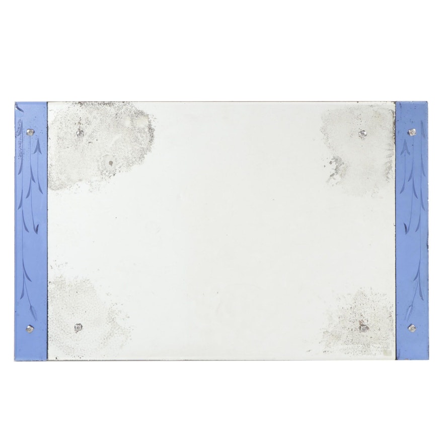 Wall Hanging Mirror with Etched Blue Borders, Vintage