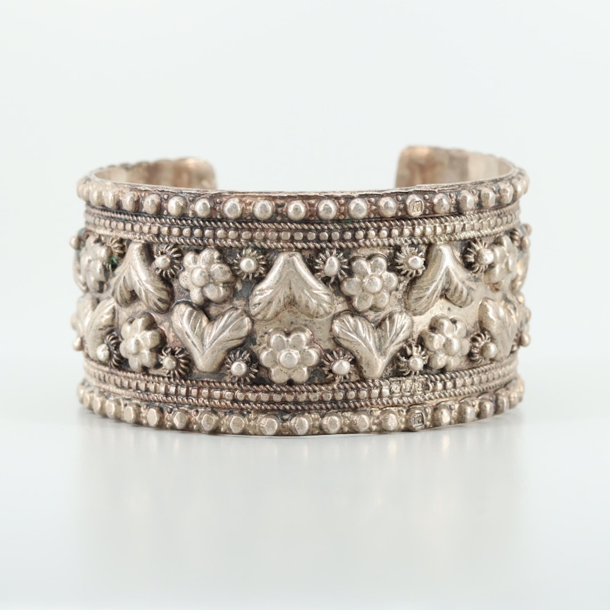 Thai Sterling Silver Floral Motif Cuff Bracelet