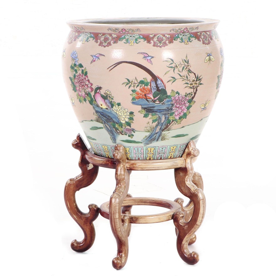 Chinese Hand-Painted Earthenware Fish Bowl Planter with Stand