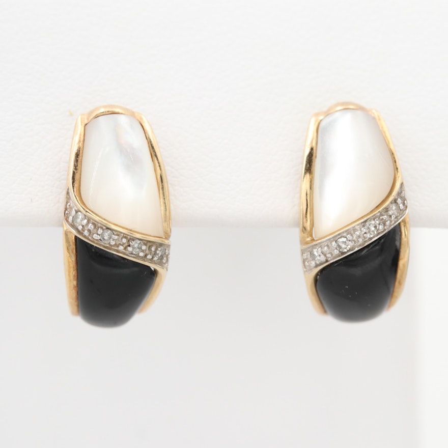 10K Gold Diamond, Mother of Pearl, and Black Onyx J Hoop Earrings