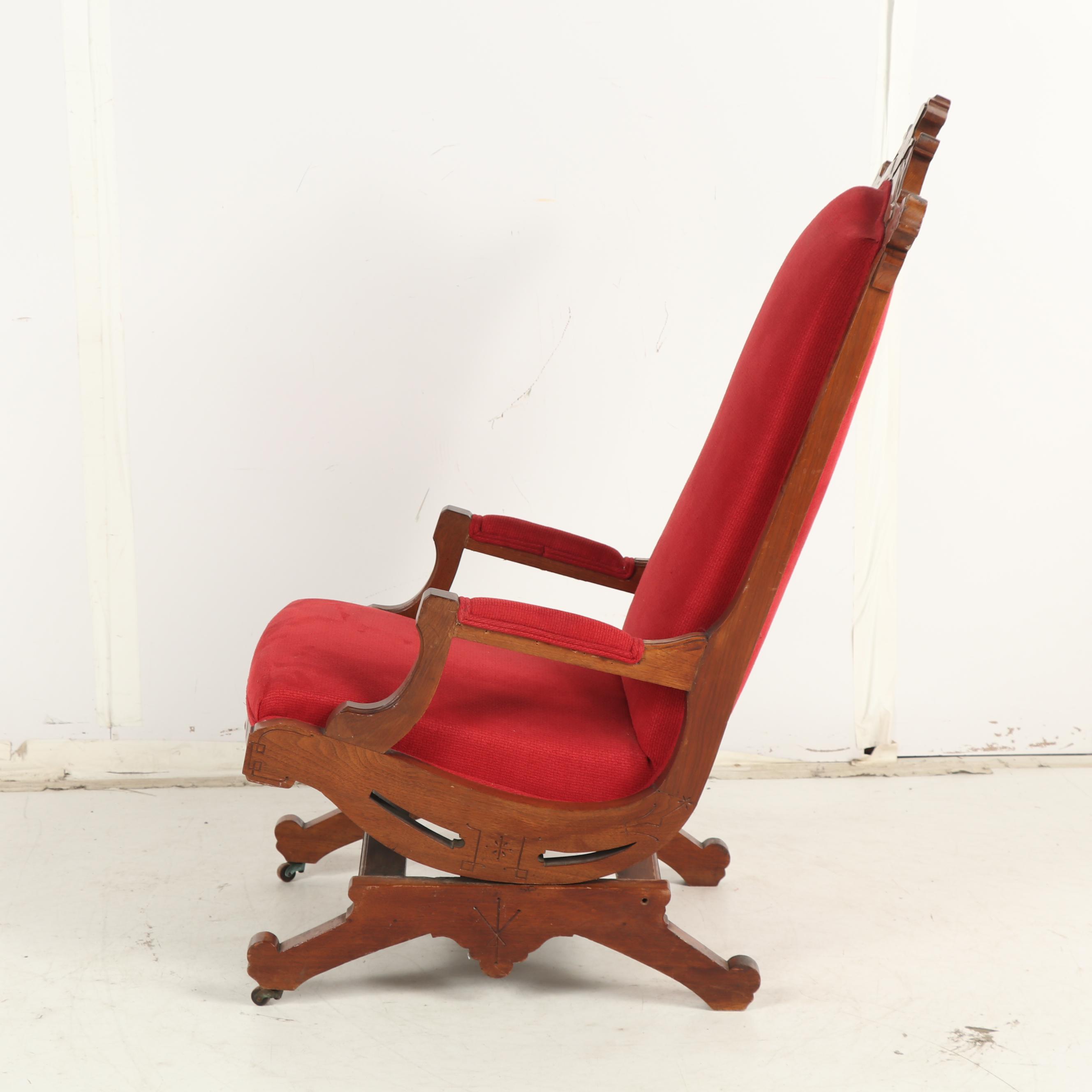 Victorian, Eastlake Style Walnut Upholstered Platform Rocking Chair, Circa 1890