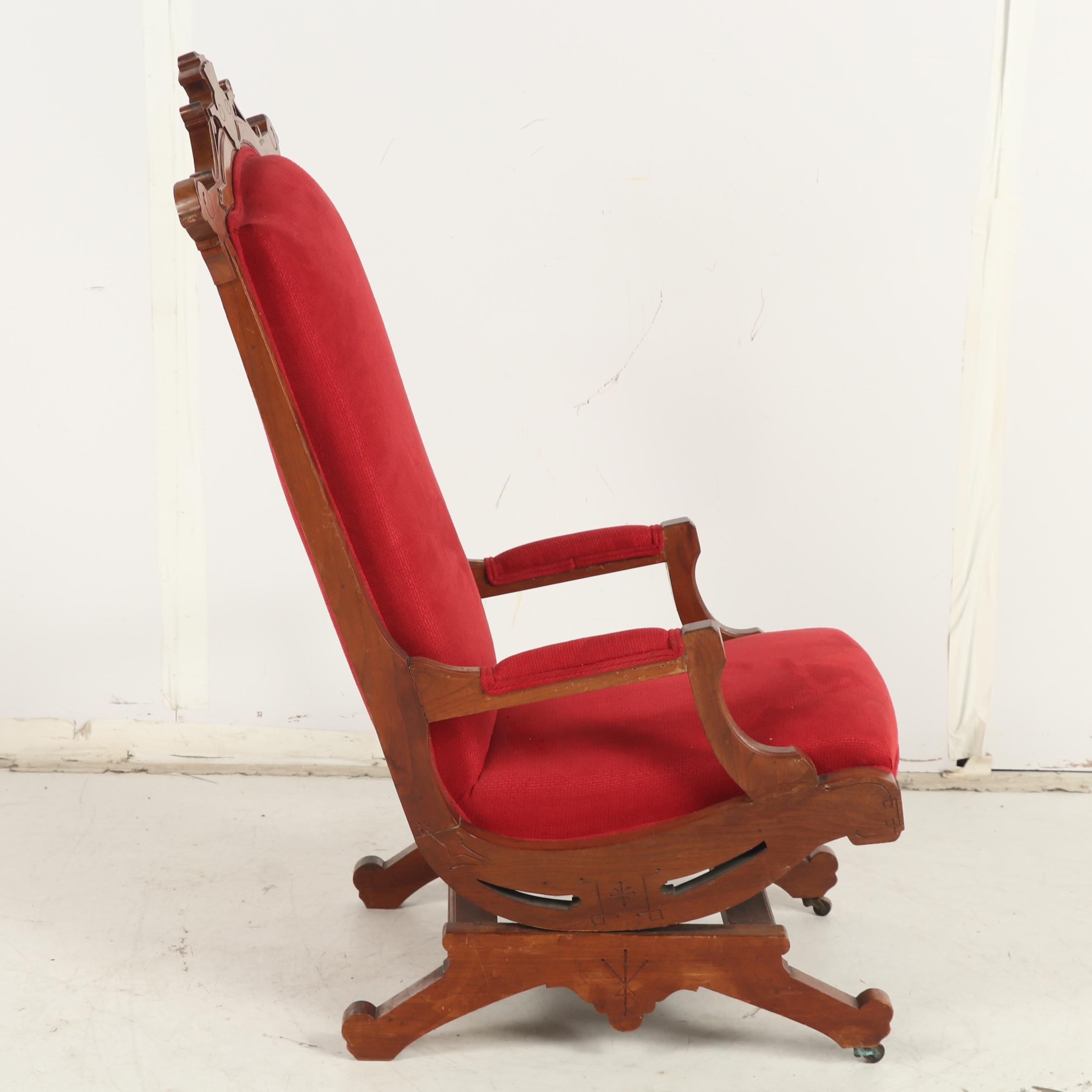 Victorian, Eastlake Style Walnut Upholstered Platform Rocking Chair, Circa 1890