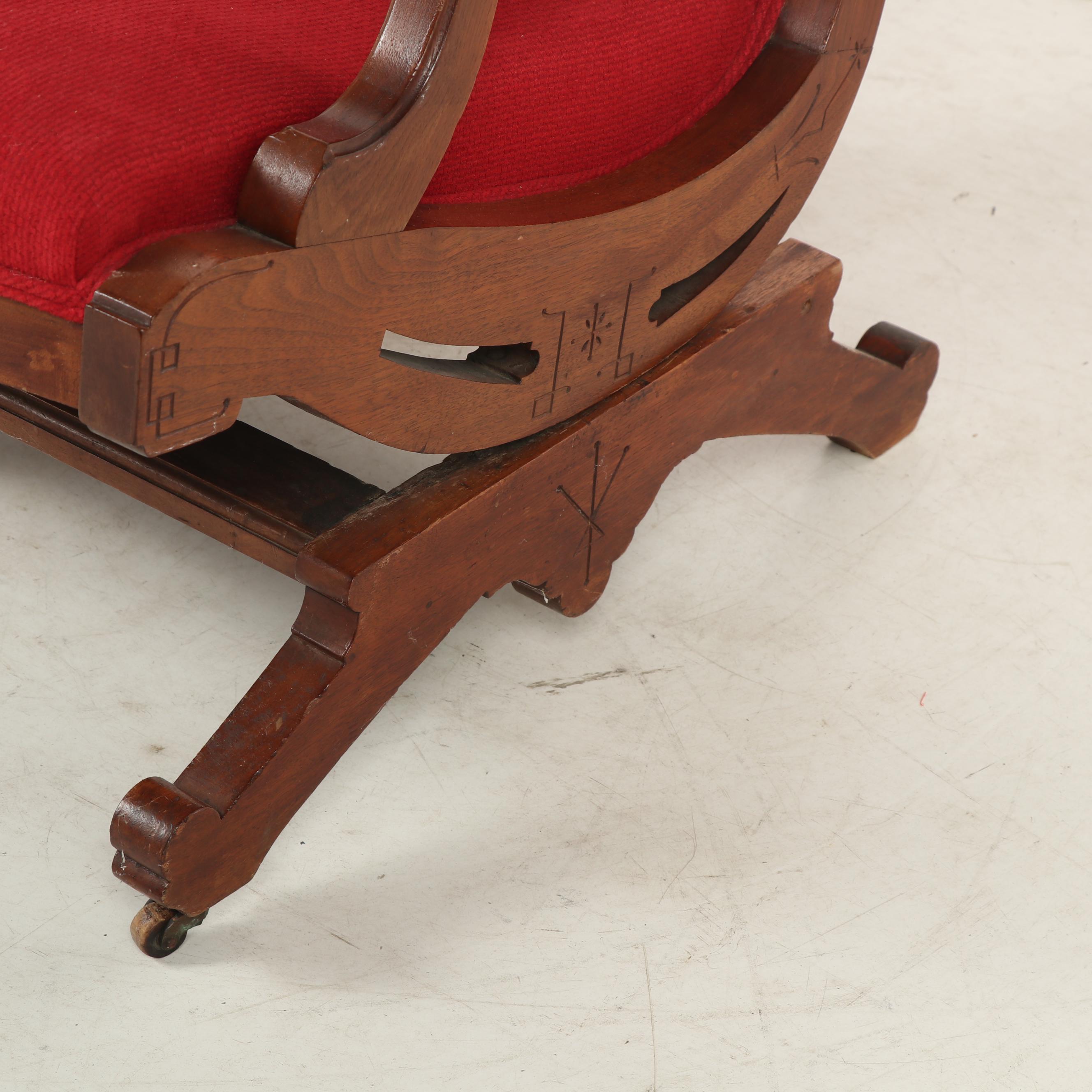 Victorian, Eastlake Style Walnut Upholstered Platform Rocking Chair, Circa 1890