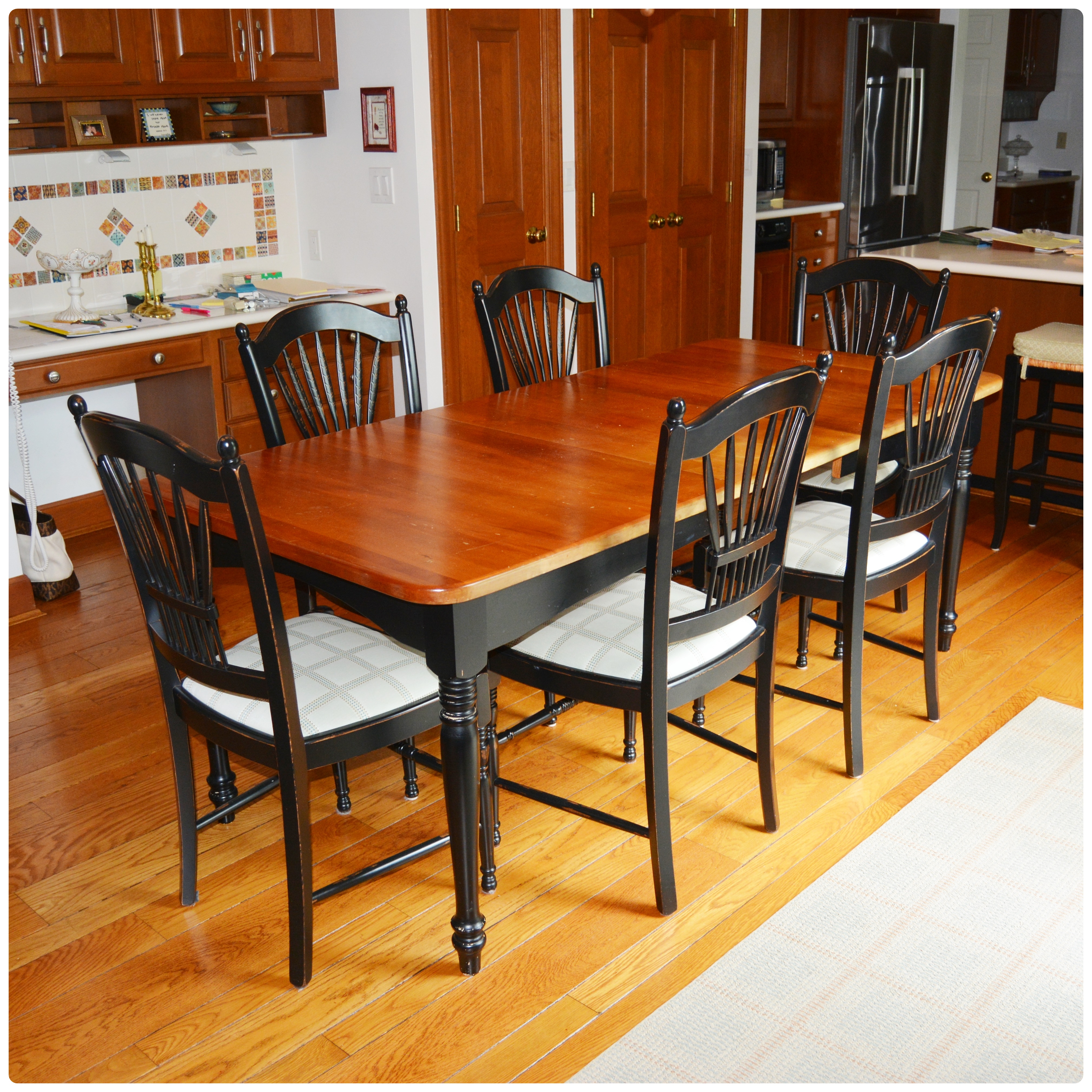 Lyndon Cherry and Black Painted Kitchen Table with Arhaus Black Dining Chairs