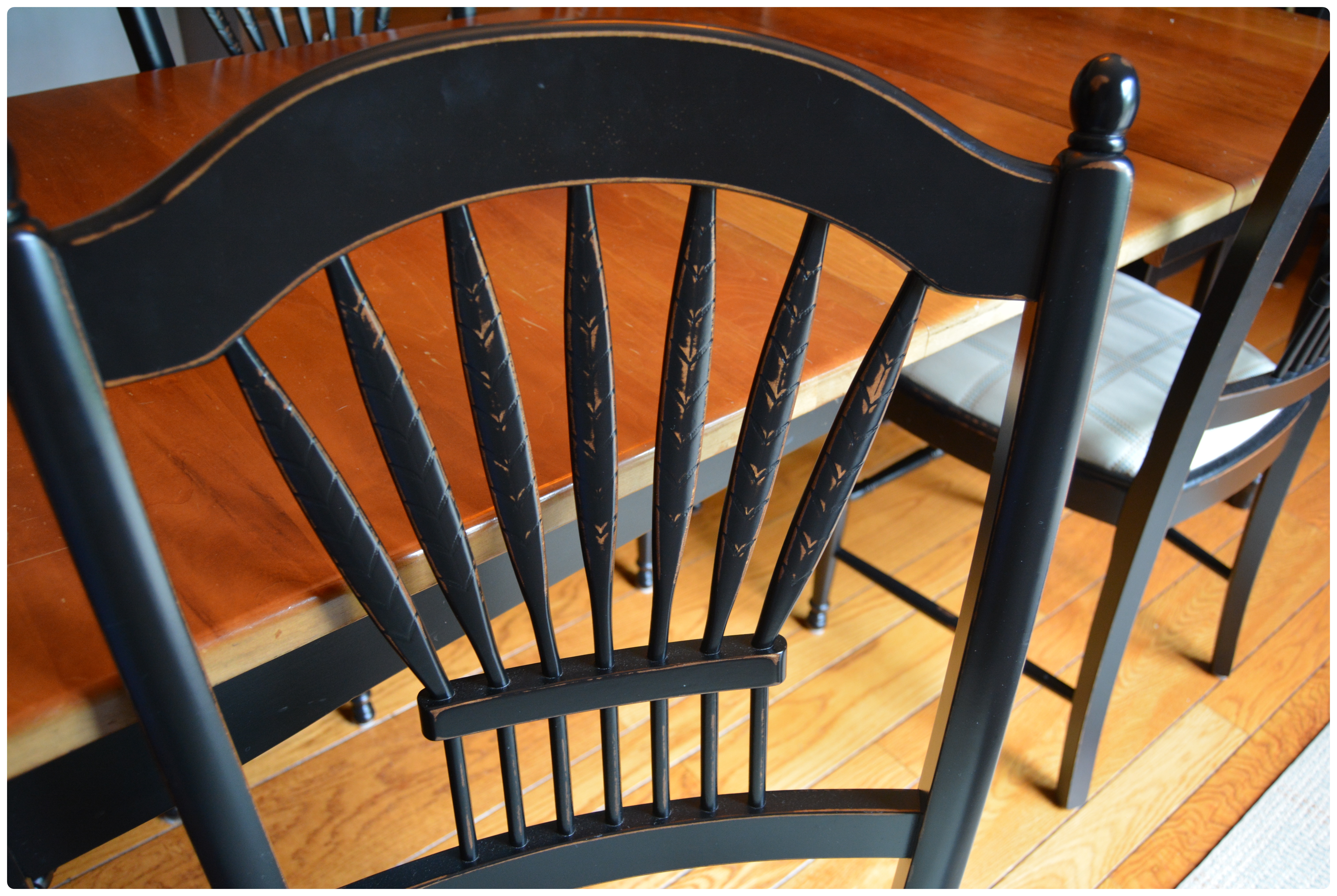 Lyndon Cherry and Black Painted Kitchen Table with Arhaus Black Dining Chairs