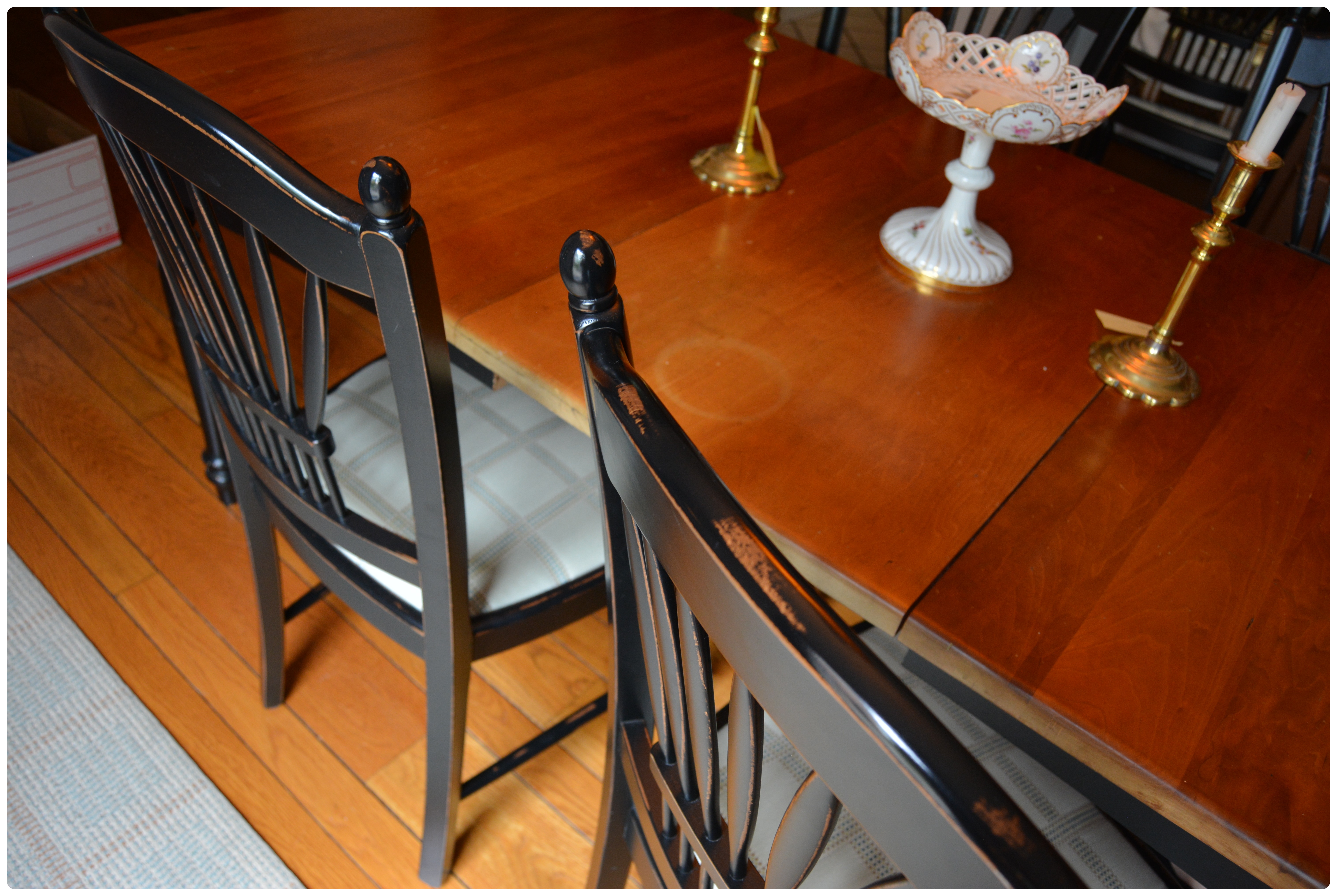 Lyndon Cherry and Black Painted Kitchen Table with Arhaus Black Dining Chairs