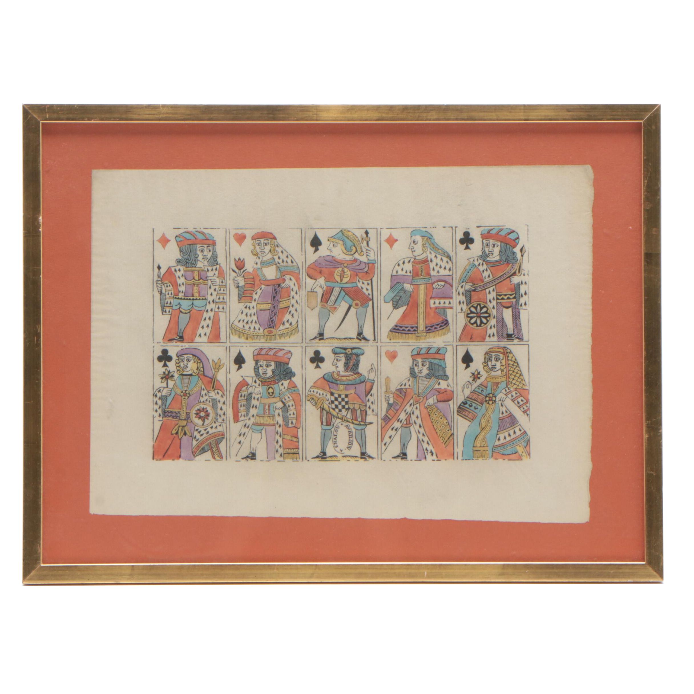 Late 18th Century Sheet of Hand-colored French Playing Cards