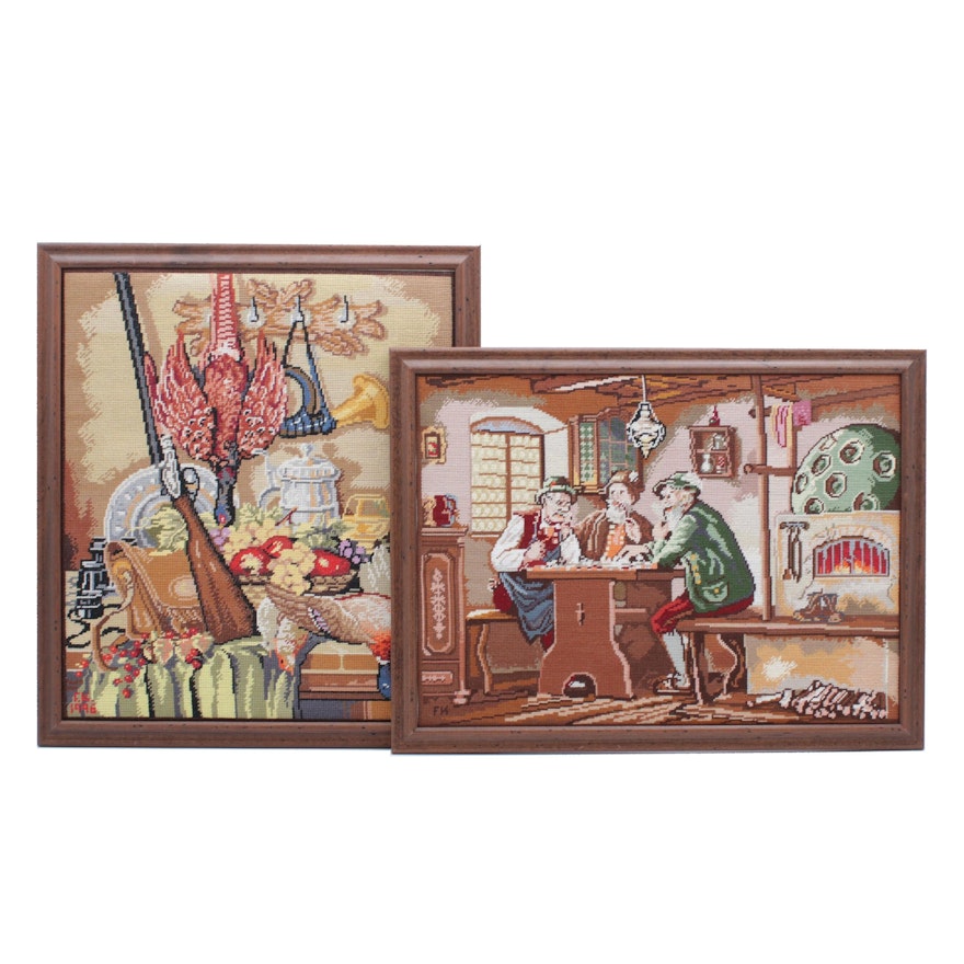 Hand-Stitched Needlepoint Panels of Genre Scene and Still Life