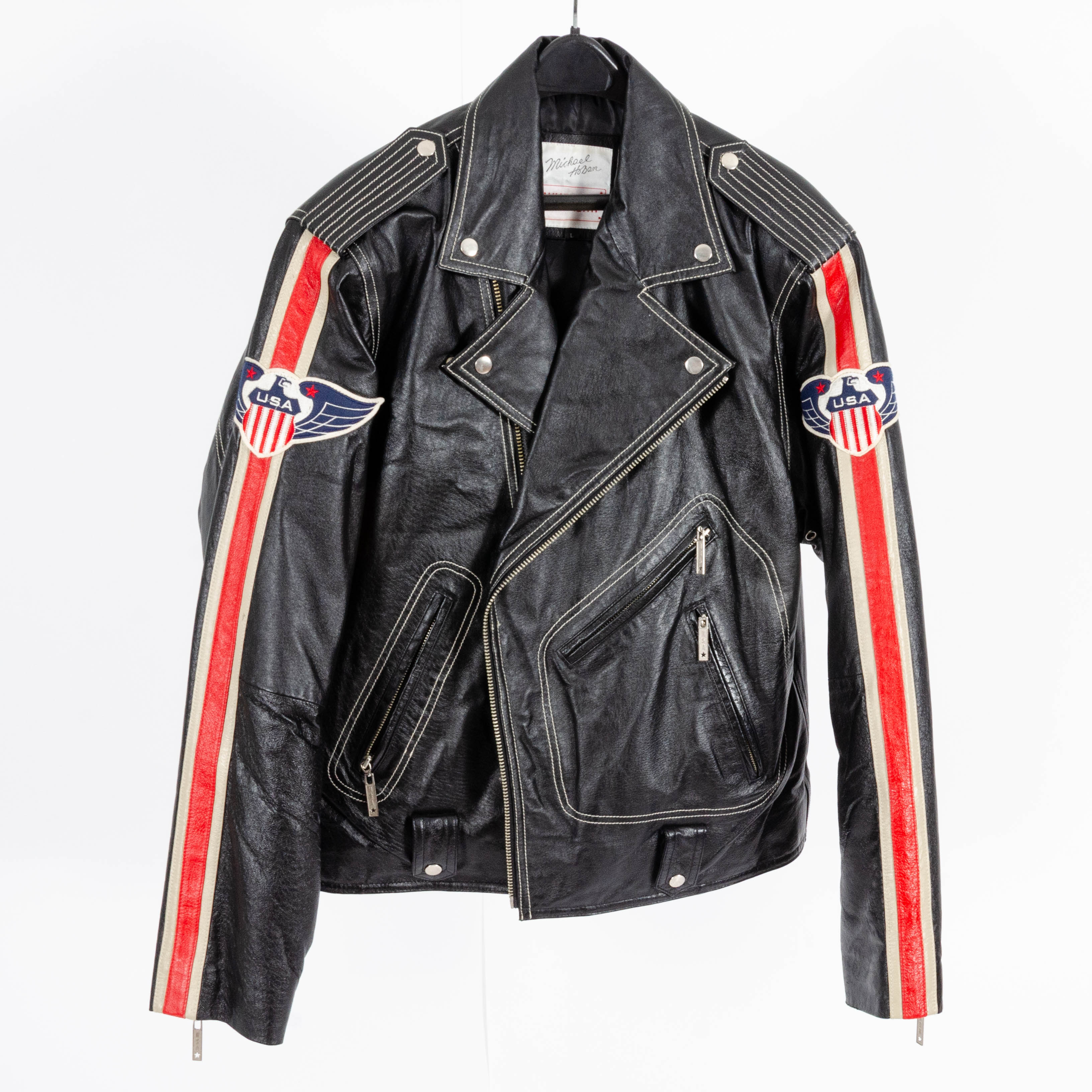 Michael Hoban WHEREMI Leather Biker Jacket with American Flag on Back