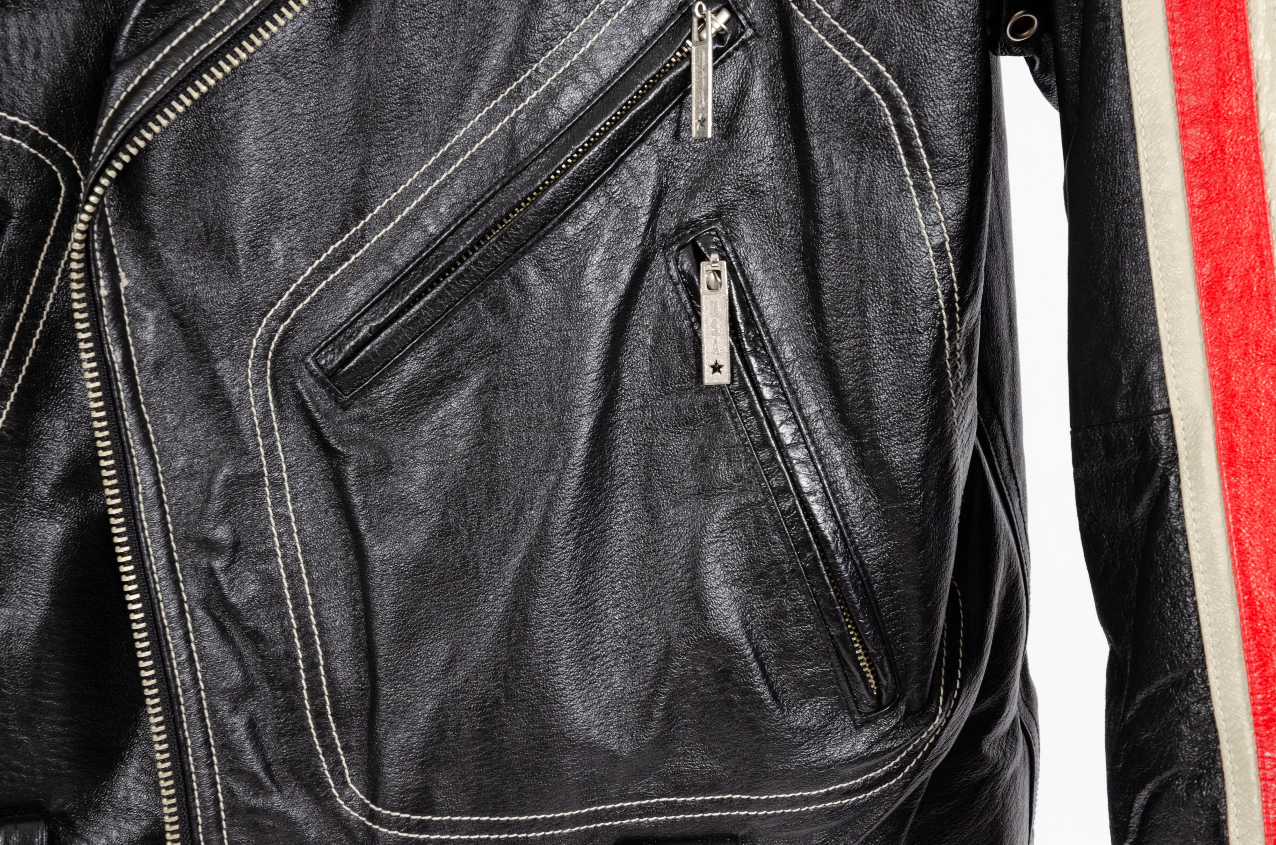 Michael Hoban WHEREMI Leather Biker Jacket with American Flag on Back