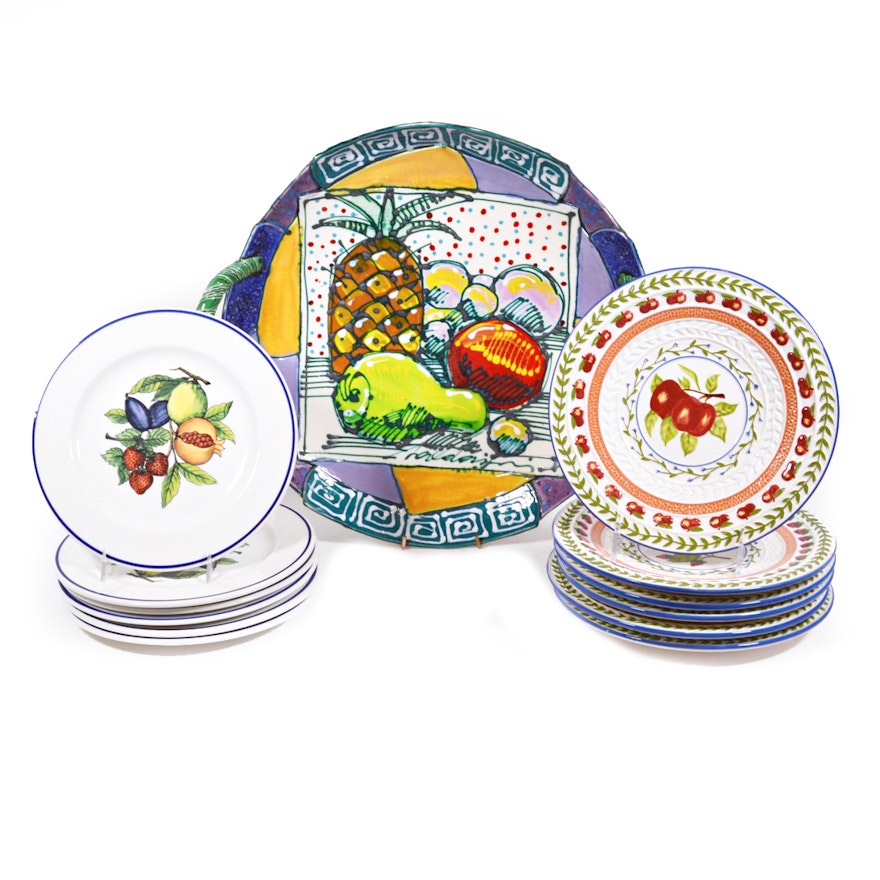 Fruit Painted Pottery Platter and Ceramic Fruit Plates