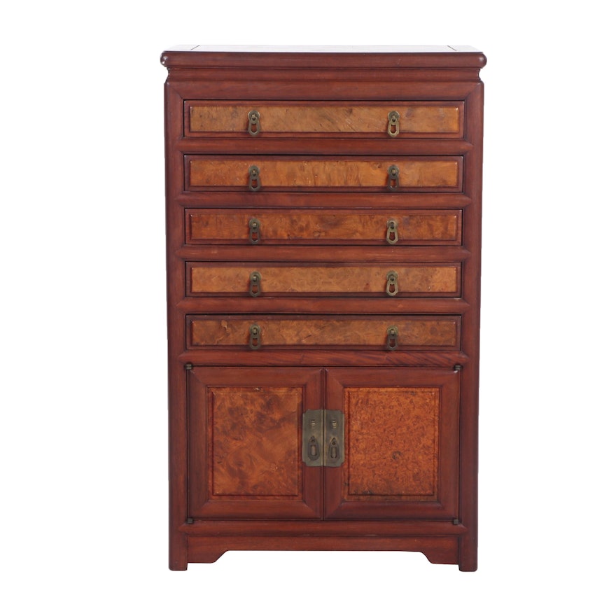 Chinese Inspired Rosewood and Burl Flatware Chest, Mid 20th Century