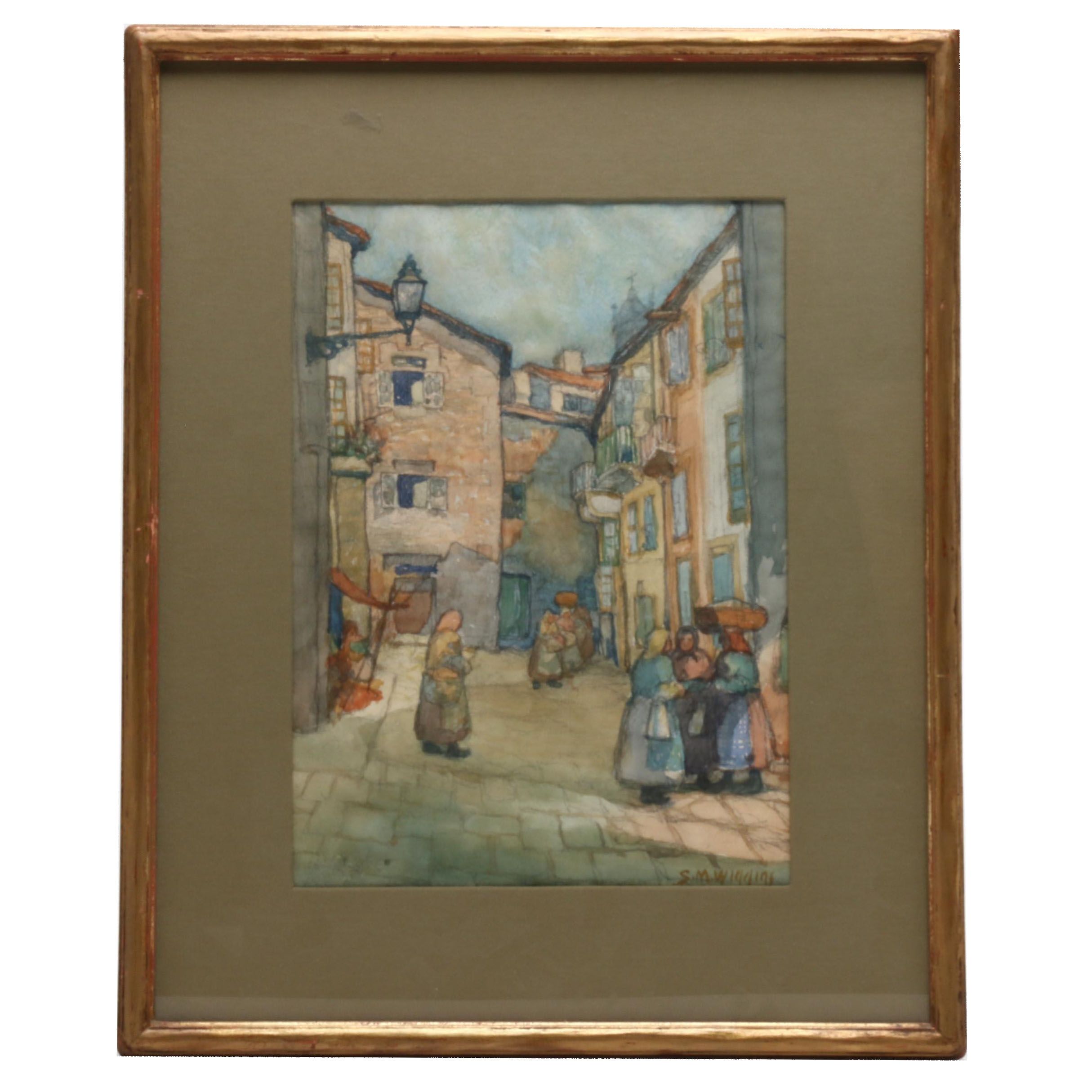 Sidney M. Wiggins Market Scene Watercolor Painting