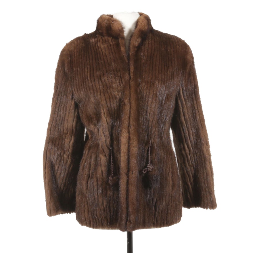 Corded Mink Fur Jacket with Pom Pom and Rope Cord Tie Belt