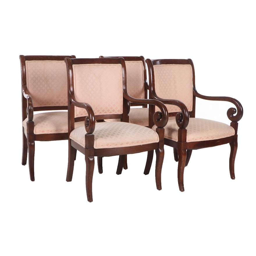 Trouvailles Empire Style Handcrafted Maple Upholstered Armchairs, Contemporary