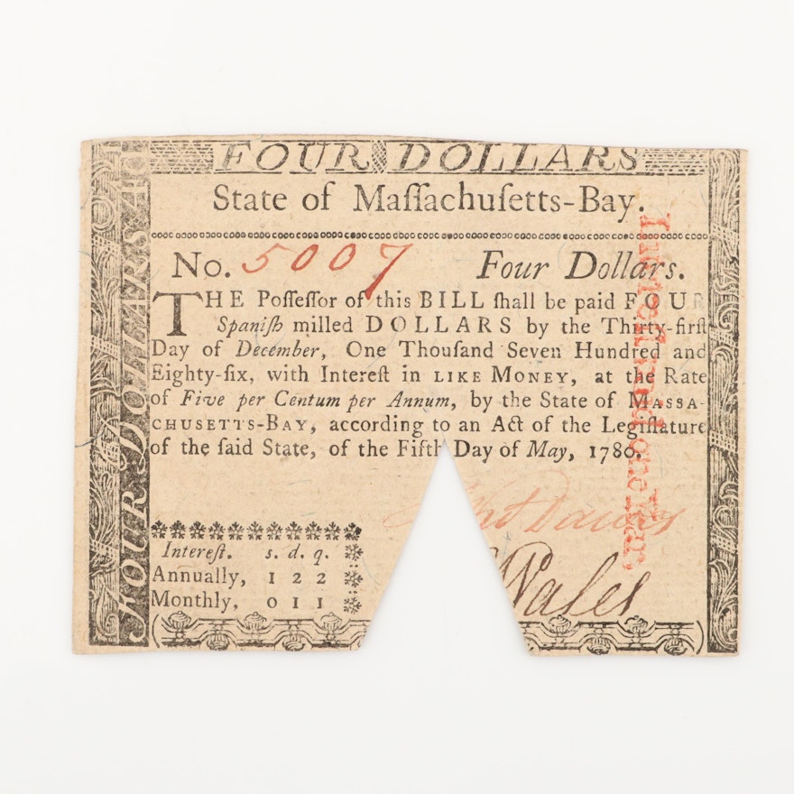 1780 State of Massachusetts-Bay $4 Colonial Currency Note
