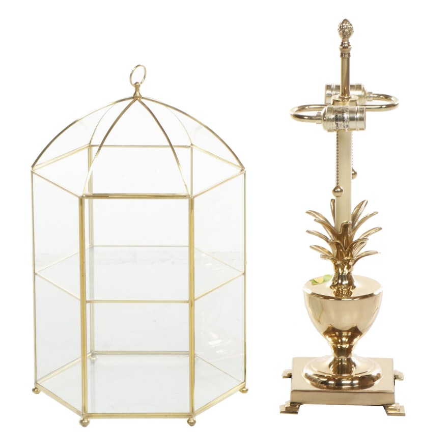 Gold Tone Pineapple Table Lamp and Glass Vitrine, Late 20th Century
