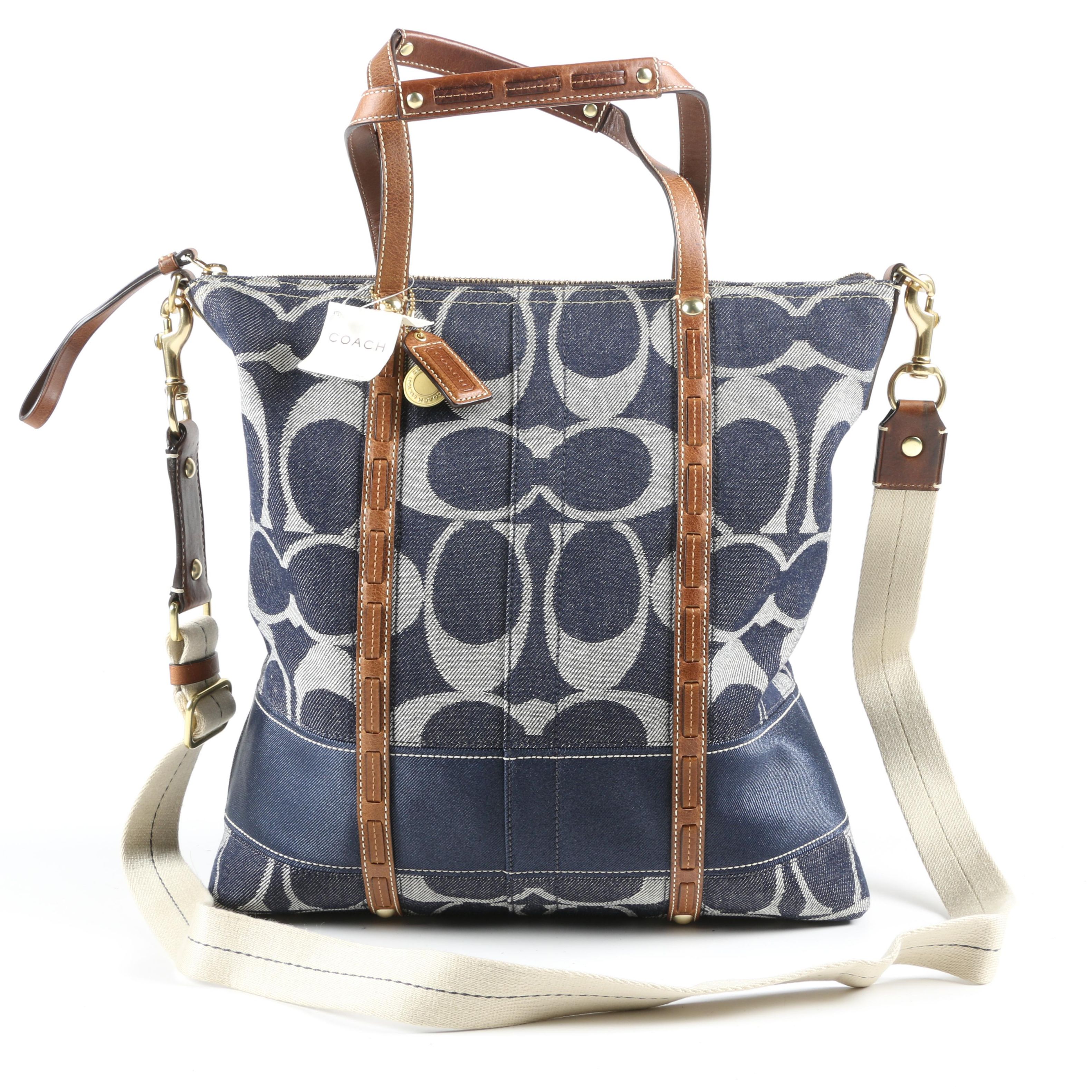 Coach Denim Signature Stripe Magazine Tote Trimmed in Leather