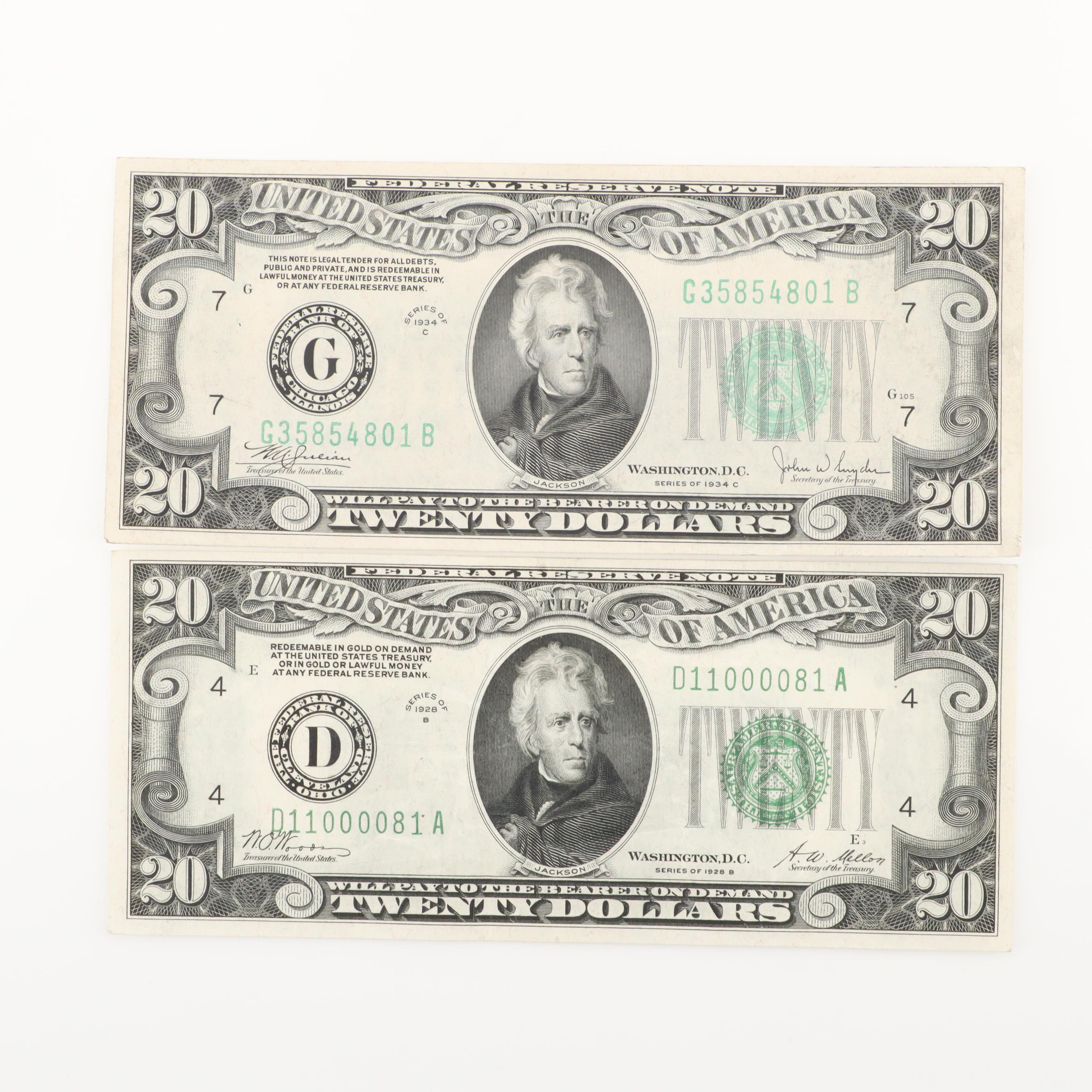 Five U.S. $20 Federal Reserve Notes