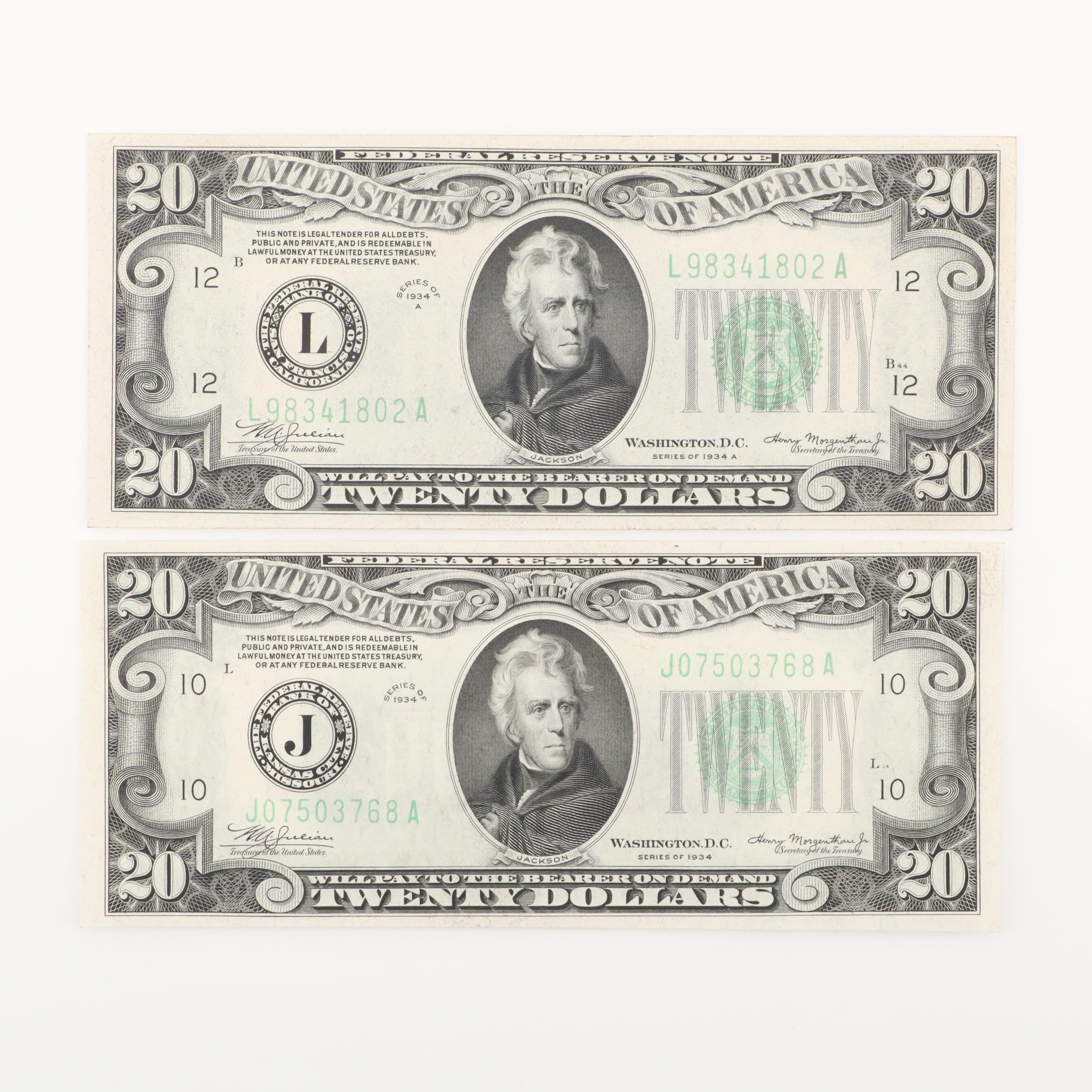 Five U.S. $20 Federal Reserve Notes