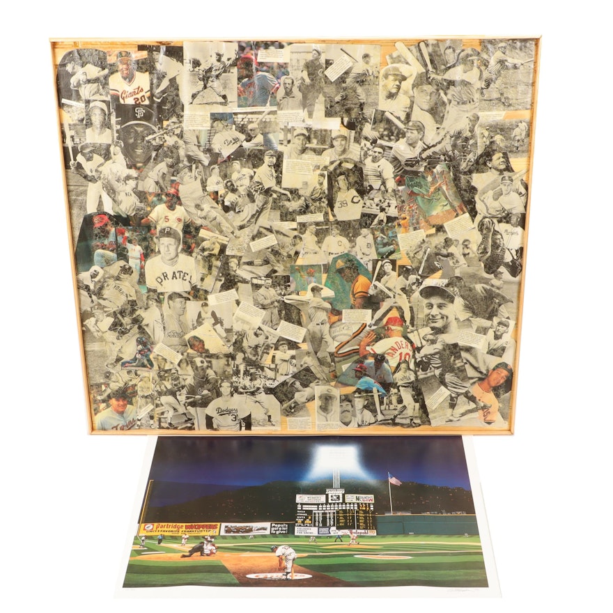 Baseball Collage with Bill Purdom Signed Crosley Field Lithograph, COA