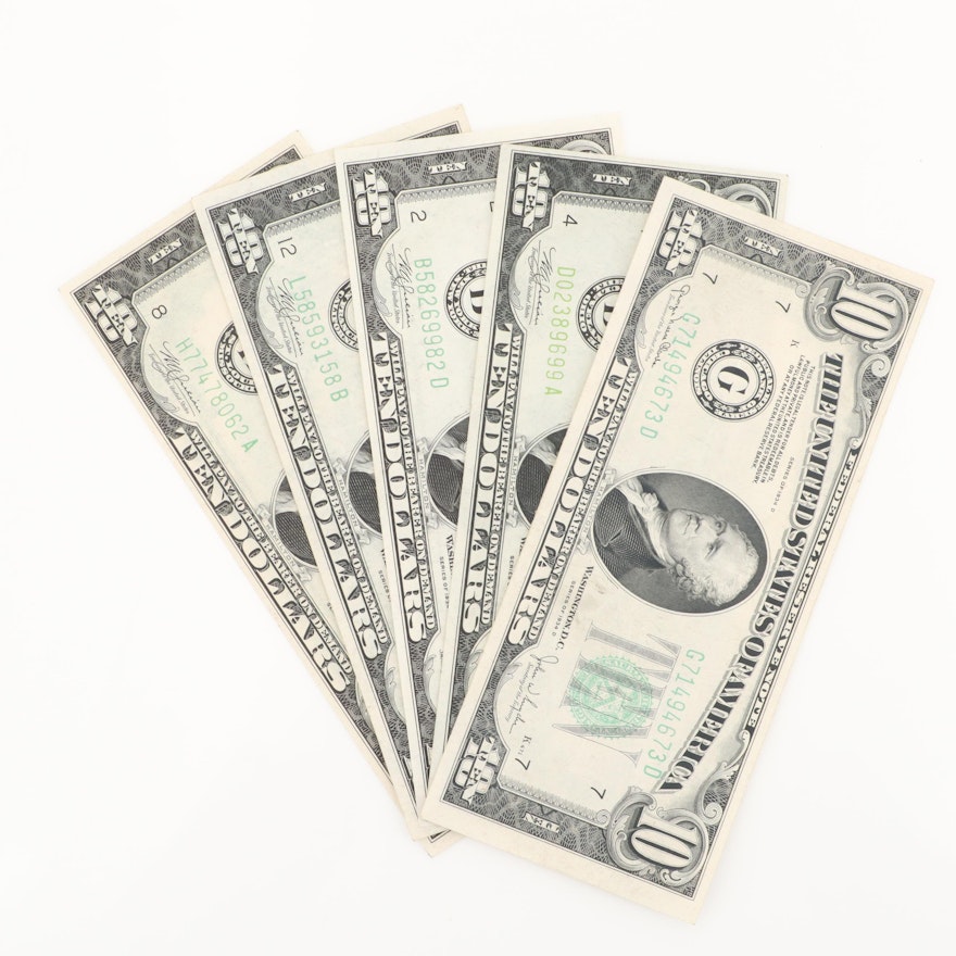 Five U.S. $10 Federal Reserve Notes