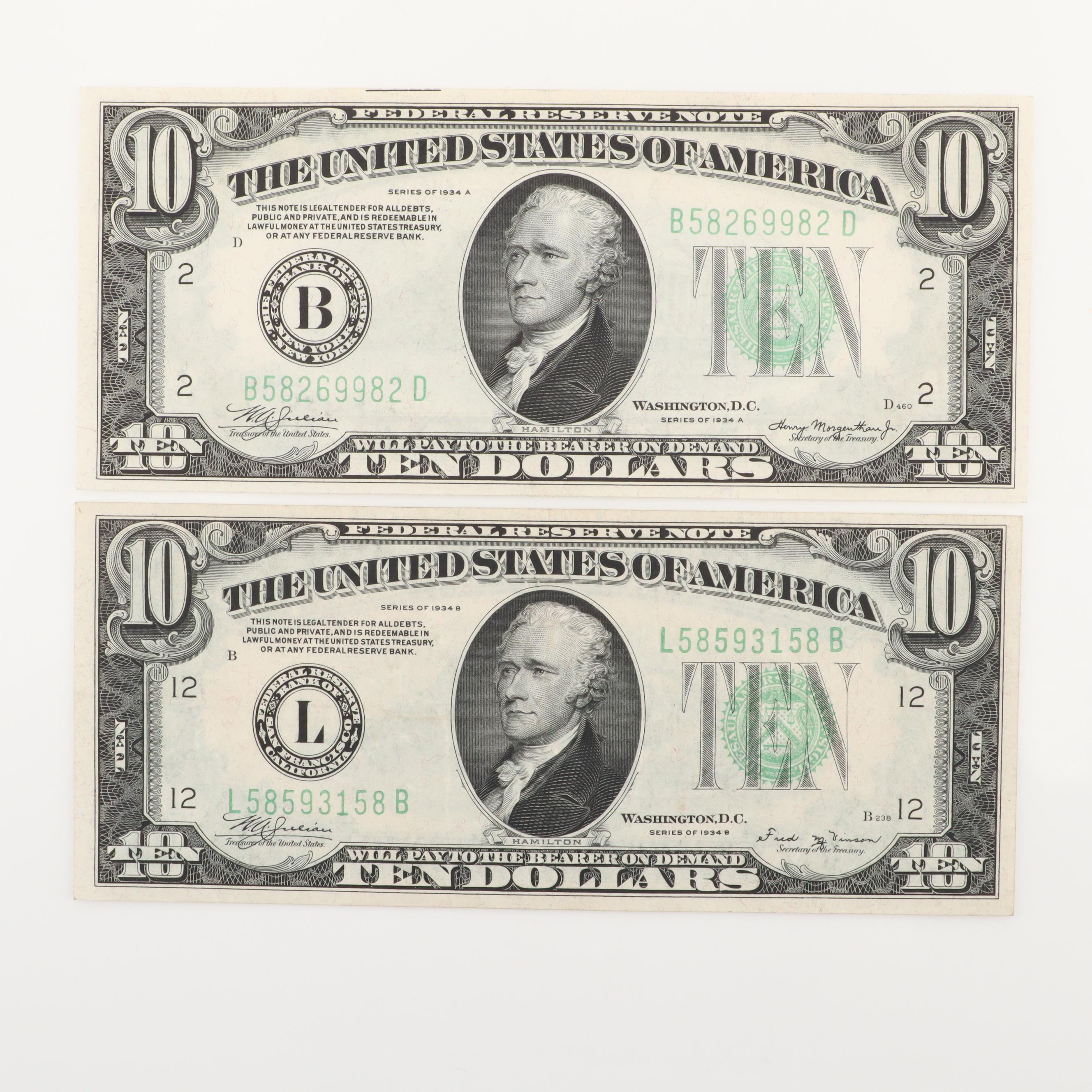 Five U.S. $10 Federal Reserve Notes