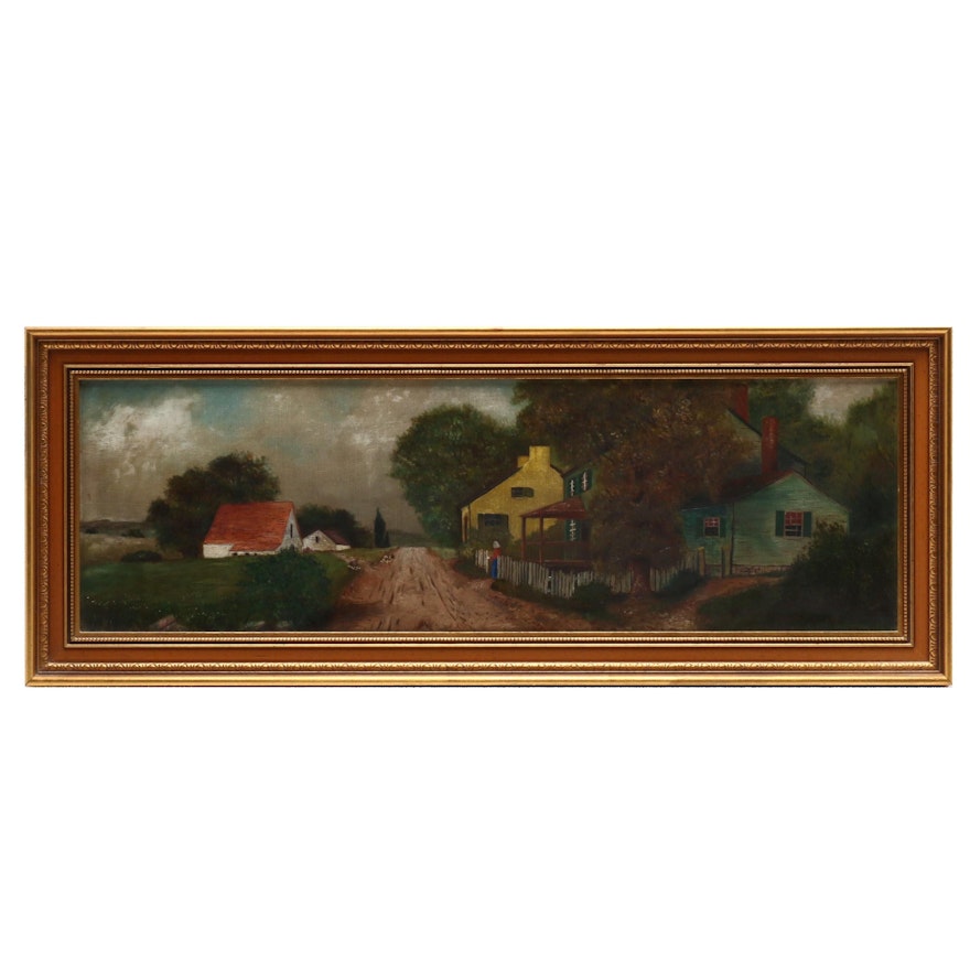 20th Century Rural Street Scene Oil Painting