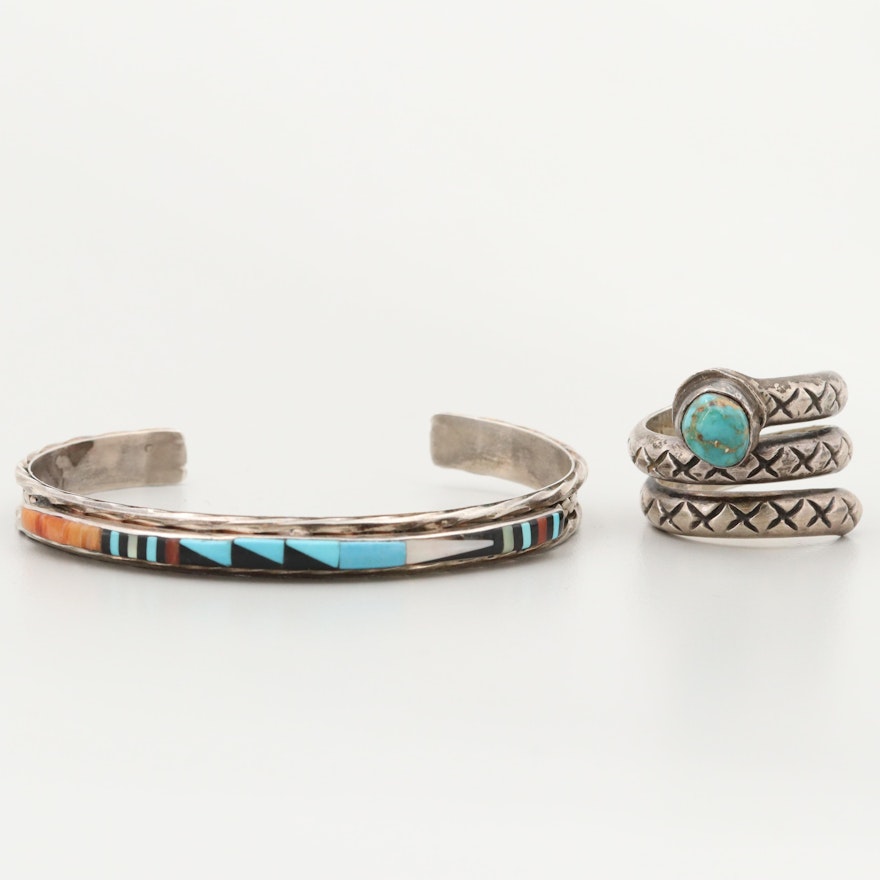 Southwestern Style Sterling Ring and L. Bowannie Zuni Cuff with Turquoise