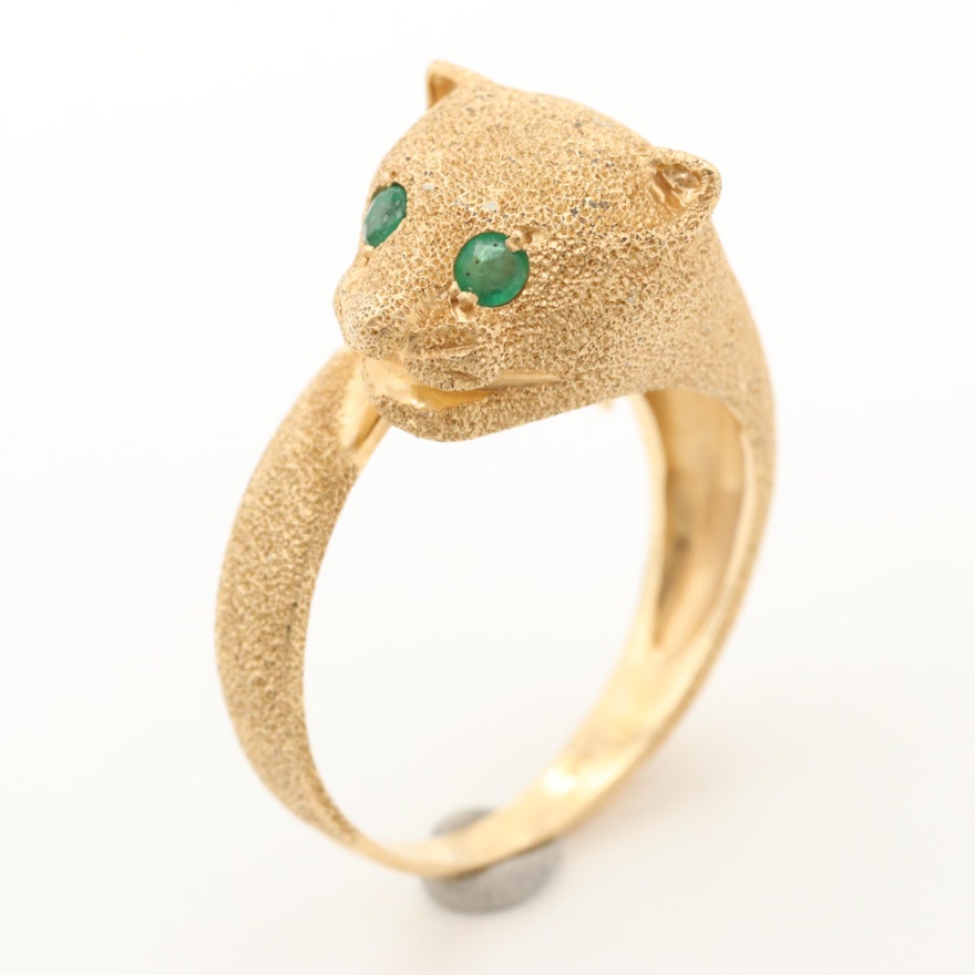 14K Yellow Gold Emerald Feline Motif Ring