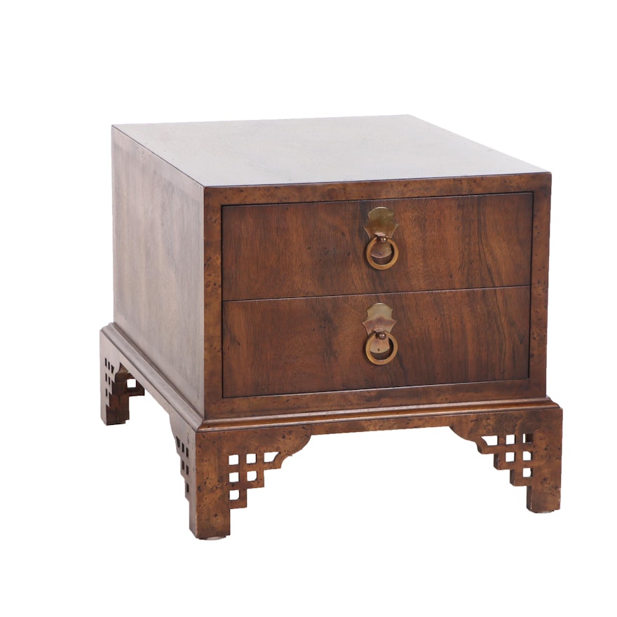 Tomlinson Chinese Style Burl Walnut Veneer 2 Drawer End Table, Vintage