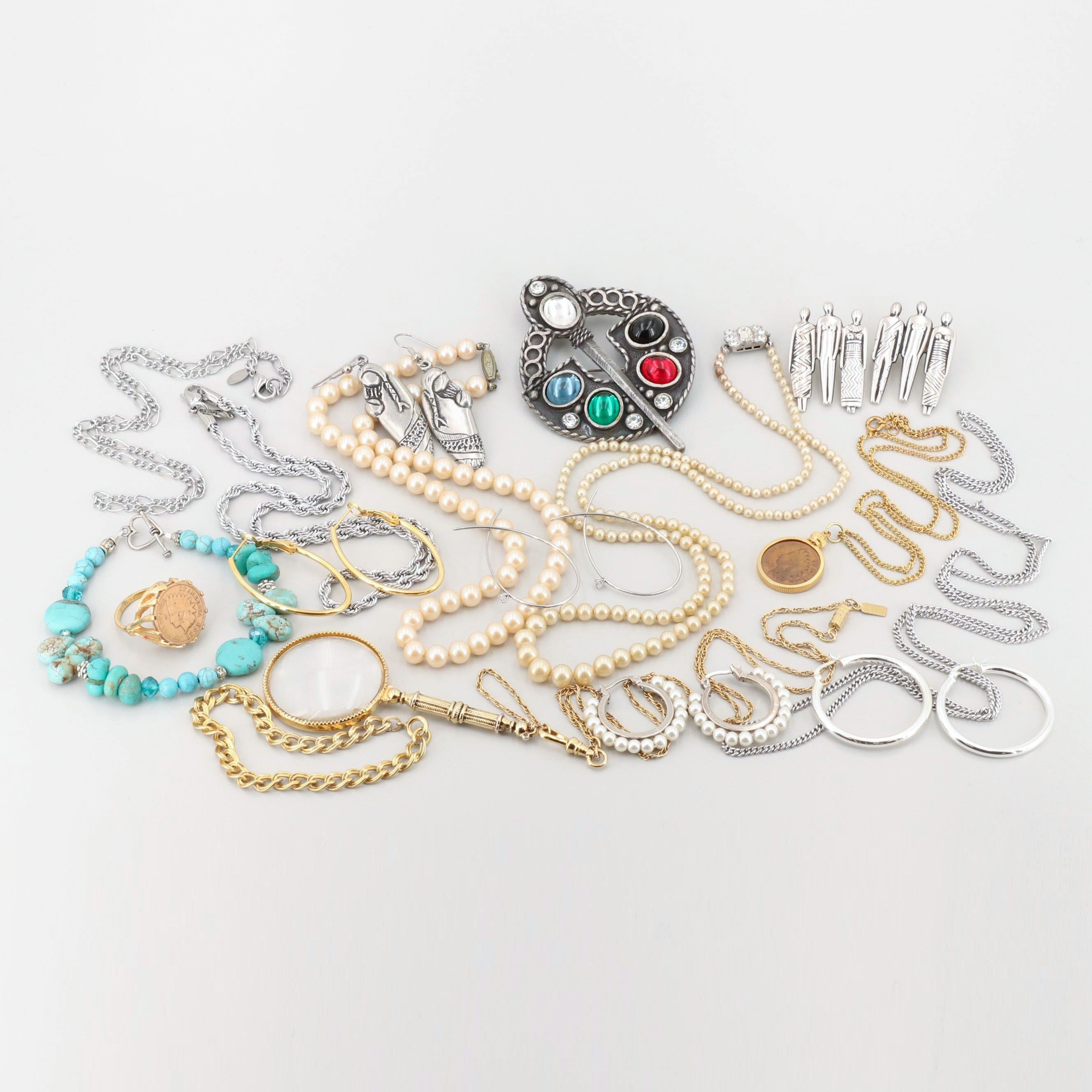 Gold and Silver Tone Glass and Magnesite Jewelry Including Laurel Burch