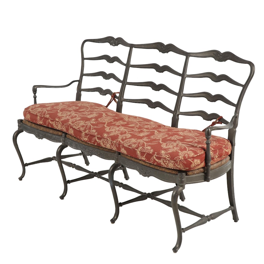 Metal and Wicker Patio Bench with Removable Seat Cushion