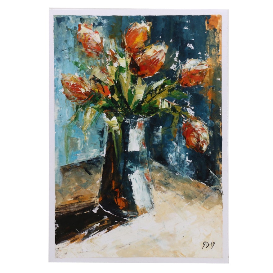 Abstracted Floral Still Life Mixed Media Painting