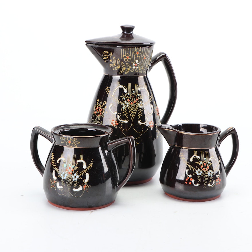 Japanese Moriage Redware Pitcher with Creamer and Sugar Holder, Mid-Century