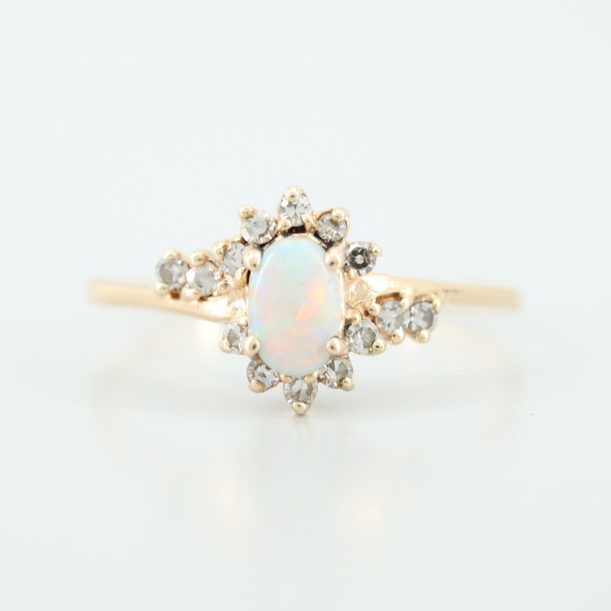 14K Yellow Gold Opal and Diamond Ring